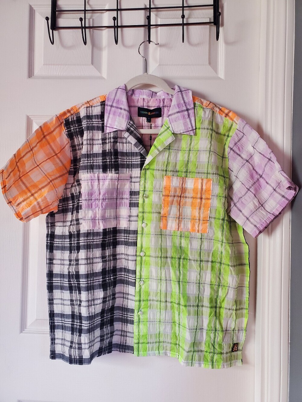 Teddy Fresh Multicolor Patchwork Plaid Button-Down Shirt Preppy Street Wear Med